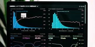Analytics dashboard with charts representing financial services AI deployment